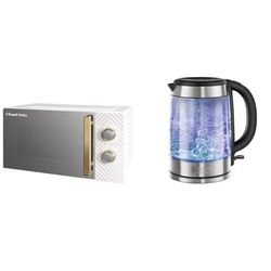 Russell Hobbs 17 Litre 700W White Solo Manual Microwave With Groove Design & Illuminating 1.7L Electric Cordless Glass Kettle with black/brushed stainless steel accents