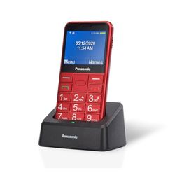 Panasonic KX-TU155EXRN Teléfono Móvil para Personas Mayores, Llamada Prioritaria, Teléfono con Botones Grandes, Compatible con Audífonos, Bluetooth, Radio FM, Cámara, Base de Carga, Rojo