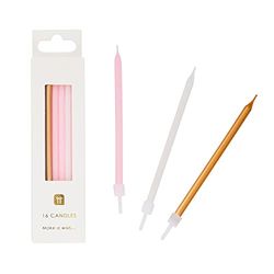Pack of 16 Pink, Gold & White Birthday Candles with Holders | Tall Thin 10cm | Cake Decorations for Birthdays, Wedding, Baby Shower, Girls, 16th, 18th, 21st