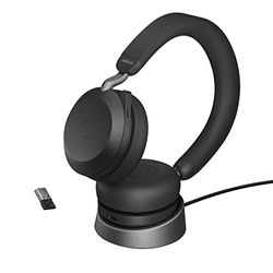 Jabra Evolve2 75 Wireless PC Headset with Charging Dock and 8-Mic Technology - Dual Foam Stereo Headphones with Advanced Active Noise Cancellation, USB-A Bluetooth Adapter and UC Compatibility - Black