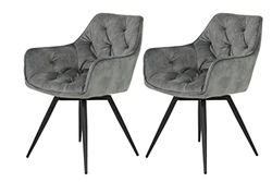 Hela Tische, Florentina Lot De 2 Fauteuils De Cuisine Et De Salle À Manger, Revêtement Vintage Gris, Accoudoirs, Pied Métallique Noir Pivotant À 360°