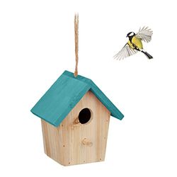 Relaxdays Cabane à Oiseaux décorative, en Bois, Suspendre, HLP : env. 16 x 15 x 11 cm, Jardin et Balcon, Nature/Bleu