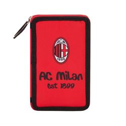 AC Milan - Astuccio con 3 Scomparti e Materiali Inclusi all'interno, Porta Penne, Matite in Poliestere, Rosso