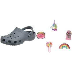 Crocs Classic, Zoccoli Unisex - Adulto, Grigio (Slate Grey), 43/44 EU + Shoe Charm 5-Pack, Decorazione di Scarpe, Tutto Bello