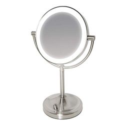 HoMedics Beauty Spa, Specchio Cosmetico per Trucco Illuminato con Luci LED, Specchio Double Face Rotante con Regolatore della Luce e Ingrandimento da 1X e 7X, a Batteria, 16.5x25x36.5 cm, Bianco