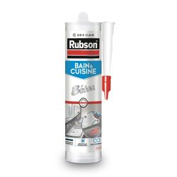 Rubson Mastic Bain & Cuisine Couleur Béton, Joint silicone multi-matériaux renforcé en antifongiques, mastic sanitaire coloré, souple & étanche, 280 ml