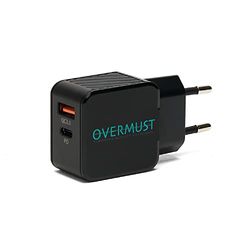OVERMUST - Caricatore da Muro 25W | 2 Porte USB-C PD e USB-A QC 3.0 | Compatibile con iPhone 14, 13, 12 Pro Max, Samsung, Huawei, iPad, AirPods | Ricarica Rapida e Sicura | Ultra Compatto, Nero