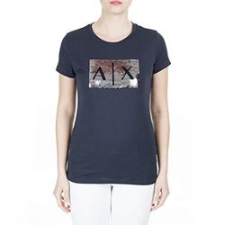 Armani Exchange Basic con logo sequin, T-shirt, Donna, Azul (Navy Silver), L