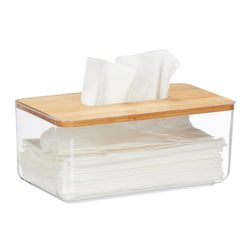 Relaxdays Tapa Caja Pañuelos, Plástico y Bambú, Portapañuelos, Dispensador Toallitas, 10 x 23,5 x 13 cm, Transparente/Natural
