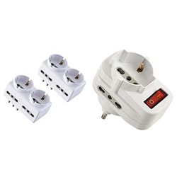 Electraline 92299 Set 2 Adattatori Multipresa 6 Posti 2 Schuko + 4 Bivalenti, Bianco & 71033 Adattatore Multipresa Tripla con Interruttore, Spina Rotante, Bianco