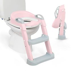 KikkaBoo LEA Toiletopzetstuk voor kinderen en baby's, opvouwbaar en verstelbaar, anatomisch design, uitneembare en zachte bekleding, antislip, met ladder, vanaf 18 maanden, roze