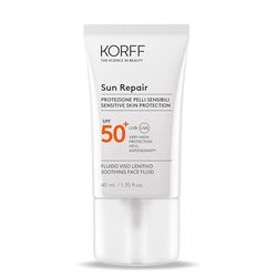 Korff Sun Repair Kojący płyn do twarzy SPF 50+, bardzo wysoka ochrona, kojąca natychmiastowa, lekka tekstura, bez białych śladów, odpowiednia dla wrażliwej skóry, opakowanie 40 ml
