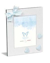 Corcnice Portafoto da Tavolo 13x18 Baby, tessuto cotone bianco con nastro e cuori tessuto celeste