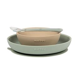 Nattou Set Repas en Silicone pour Enfants, 3 Pièces, 1 Cuillère, 1 Assiette, 1 Bol, Antidérapant, Sans BPA, Silicone, Beige/Vert