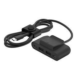 Belkin Hub 4 ports USB (câble intégré de 2 m, 2 ports USB-C et 2 ports USB-A, adaptateur secteur USB 30 W, recharge rapide pour iPhone 14 et Samsung Galaxy S23, design écoresponsable et clip amovible)