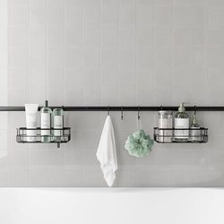 Zenna Home Bathroom Organizer Shower Caddy, Adjustable Horizontal Tension Pole Between Wall Shower Storage System with 2 Baskets and 3 Hooks, 26 to 76 Inch, Matte Black