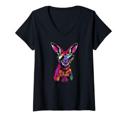 Womens Kangaroo Wearing Sunglasses Funny Animal Colorful Kangaroo V-Neck T-Shirt