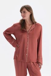 Dagi Dames lange mouwen geweven shirt met pipe detail pyjama top, terracotta, 42