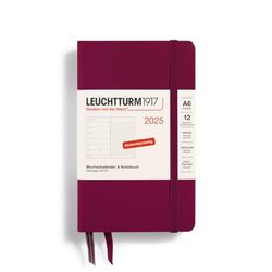 LEUCHTTURM1917 370499 Agenda semainier et bloc-notes 2025 de poche A6, couverture rigide, planificateur 12 mois, 80 g, ligné, rouge port