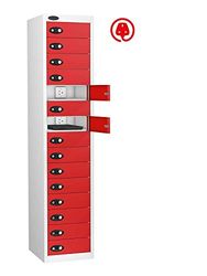 15 Door Media Charging Locker, Red, Hasp Lock