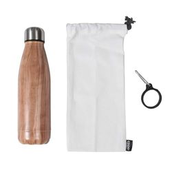 Cook Concept KA4655 Coffret Bouteille Isotherme de Transport Inox Effet Bois avec Mousqueton et Pochon Beige et Marron H26 x 8,5 x 18 cm