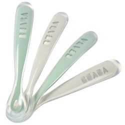 Béaba - Lot de 4 Cuillères en Silicone Bébé / Enfant 1er Âge - Dès 4 mois, Souple - Bout arrondi - Manche long et Ergonomique, Velvet grey/sage green
