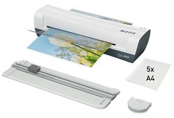 Leitz iLAM Set 4-in-1 Macchina Plastificatrice a Caldo A4, Confezione da 5 Pouch da 80 Micron, Taglierina e Arrotondatore degli Angoli, per l'Uso a Casa o in Ufficio, Bianco e Grigio, 74340001