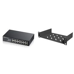 Zyxel 16-Portars Unmanaged Gigabit Ethernet-Switch – Fläktlös konstruktion [GS1100-16] & DIGITUS hyllplan - 1U - 254 mm (10 tum) - För Nätverksskåp - 150 mm djupt - Perforerad stålplåt - Svart