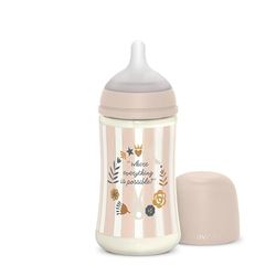 Suavinex, Biberon 270 ml, Biberon avec Tétine Symétrique SX Pro en Silicone à Débit Moyen (M), avec Valve Anti-Colique. Silicone Fin Ultra-Doux. Pour Bébés, +3 Mois, Wonderland Rose