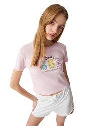 Koton Dames crop T-shirt bedrukt katoen ronde hals korte mouw, roze (252), M