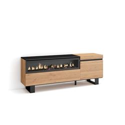 Skraut Home | TV-Meubel, Lowboard | Woonkamer, Eetkamer | 150x57x35cm | Voor tv's tot 65" | Elektrische haard | Industrieel design | Moderne stijl | Eiken/Zwart