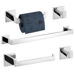 TURS Kit de Accesorios Baño Juego de 5 Accesorios de baño de Cromo Pulido, Soporte para Toallas de Mano y 2 Ganchos para Toallas, Montaje en Pared de Acero Inoxidable