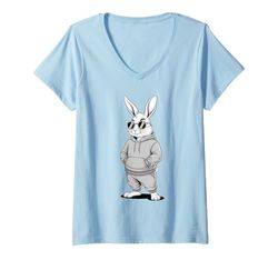 Donna Bunny With Sunglasses And Hoodie Happy Easter Day Bunny Face Maglietta con Collo a V