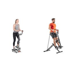 Sunny Health & Fitness Upright Row-N-Ride, Versatile Full-Body Workout Squat Assist Trainer + Twister Stepper Machine, Height Adjustable Stepper w/Handlebars & LCD Monitor