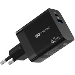 conecto Cargador USB-C, Fuente de alimentación USB, 2 Puertos, 1x USB-C 45 vatios máx. PD, 1x USB A 12 vatios máx., Cargador rápido GAN, Negro