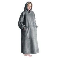 Good Nite Draagbare deken, oversized hoodiedeken voor dames en heren, sherpa-knuffeldekens voor volwassenen, pluizige warme capuchon met zakken, grijs, Grijs, Sherpa-90x130 cm