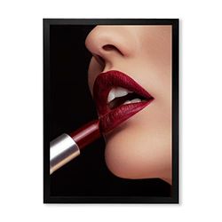 DesignQ Modernes gerahmtes Wandbild mit rotem Lippenstift auf den Lippen