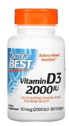 Doctor's Best Vitamine D3, 2000 UI - 180 Gélules Molles - Soutien pour la Santé Osseuse et Immunité