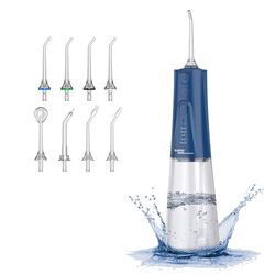 Ultracare Plus - Irrigador Dental profesional de la familia Aquapik. 5 Modos. 8 boquillas. Tanque de agua 300 ml. Recargable por USB. Bolsa de Viaje incluida. Irrigador Bucal (Azul)