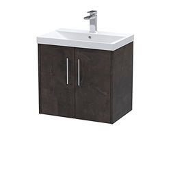 Hudson Reed JNU2623D Juno Modern Bathroom Wall Hung 2 Door Vanity Basin Unit & Thin-Edge Ceramic Basin, 600mm, Matt Metallic Slate