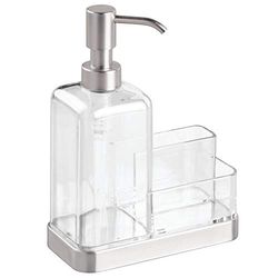 iDesign dispensador de sabão com bandeja e dois compartimentos, organizador de cozinha de plástico e aço inoxidável, dispensador manual de 473 ml com esfregão incluído, prateado