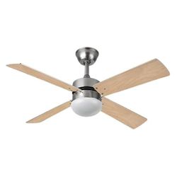 Brightium DC-ventilator met 4 vleugels, achterkant, afstandsbediening, timer, nikkelafwerking en licht hout, ideaal voor het opfrissen van ruimtes.