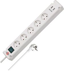 Brennenstuhl Bremounta extensão de 5 tomadas com função de carregamento USB (extensão elétrica com tomadas de 90 graus, com interruptor, possibilidade de montagem e cabo de 3 m) branco