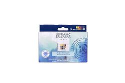 Lefranc Bourgeois Acuarela Fine - Caja de plástico de 12 medio godets + pincel de acuarela profesional, colores surtidos