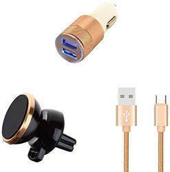 Auto-pack voor Samsung Galaxy A9 (oplaadkabel, metaal, type C + dubbele adapter voor sigarettenaansteker + magneethouder) goudkleurig