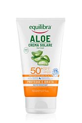 equilibra Solari, Aloe Crema Solare SPF 50+, a Base di Aloe Vera, Vitamina C ed E, Olio di Argan, Olio di Cocco e Burro di Karité, Assicura un'Abbronzatura Sana e Naturale, Water Resistant, 150 ml