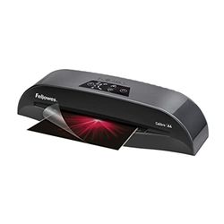 Fellowes Plastificadora A4 Calibre para pequeñas oficinas, 1 minuto de calentamiento con apagado automático y modo de reposo - 80-125 micras, Incluye 10 fundas de plastificación A4, Negro