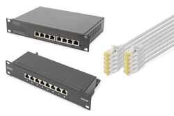 DIGITUS Set: Kit de Red de 10 Pulgadas - 1x conmutador Gigabit, 8 Puertos, gestionable, conmutador Ethernet - 1x Panel de conexión Cat-6A, 8 Puertos, LSA - 10x Cables de Red Cat-6A Gris, 0,25 m