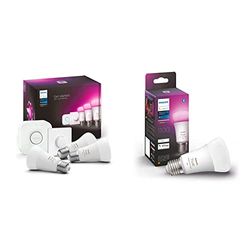 Philips Hue White and Color Ambiance, Kit de démarrage E27 x3 Equivalent 75W, Pont et Smart Button Hue x2 + White and Color Ambiance, ampoule LED connectée E27, Equivalent 75W, compatible Bluetooth