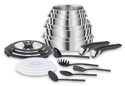 Lagostina Ingenio Inox Set di Pentole e Padelle in Acciaio Inox, 20 Pezzi, Adatto ad Induzione, Batteria di Pentole con 3 Casseruole, 3 Padelle, Tegame,6 Coperchi, 5 Utensili Cucina,2 Manici Amovibili